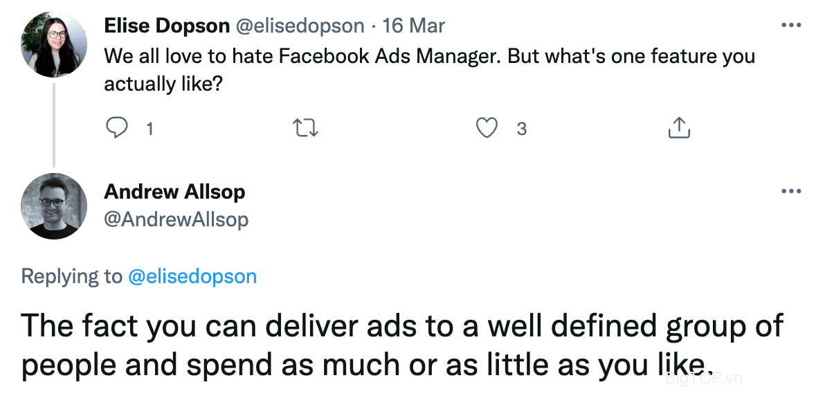 Một tweet về lợi ích của quảng cáo trên Facebook