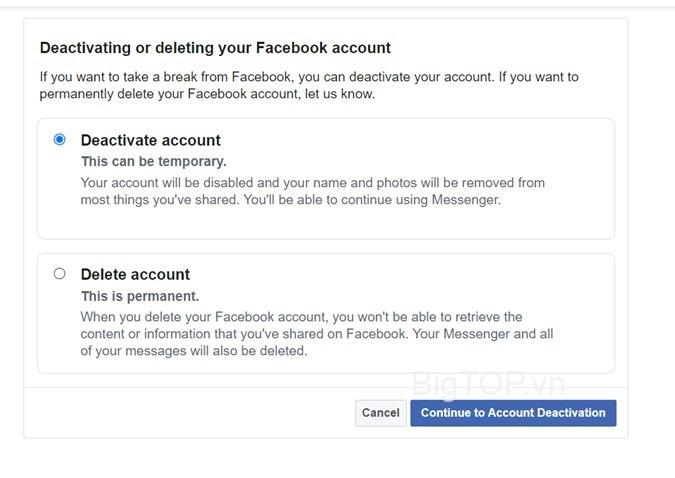 Xóa hoặc hủy kích hoạt tài khoản Facebook Xác nhận